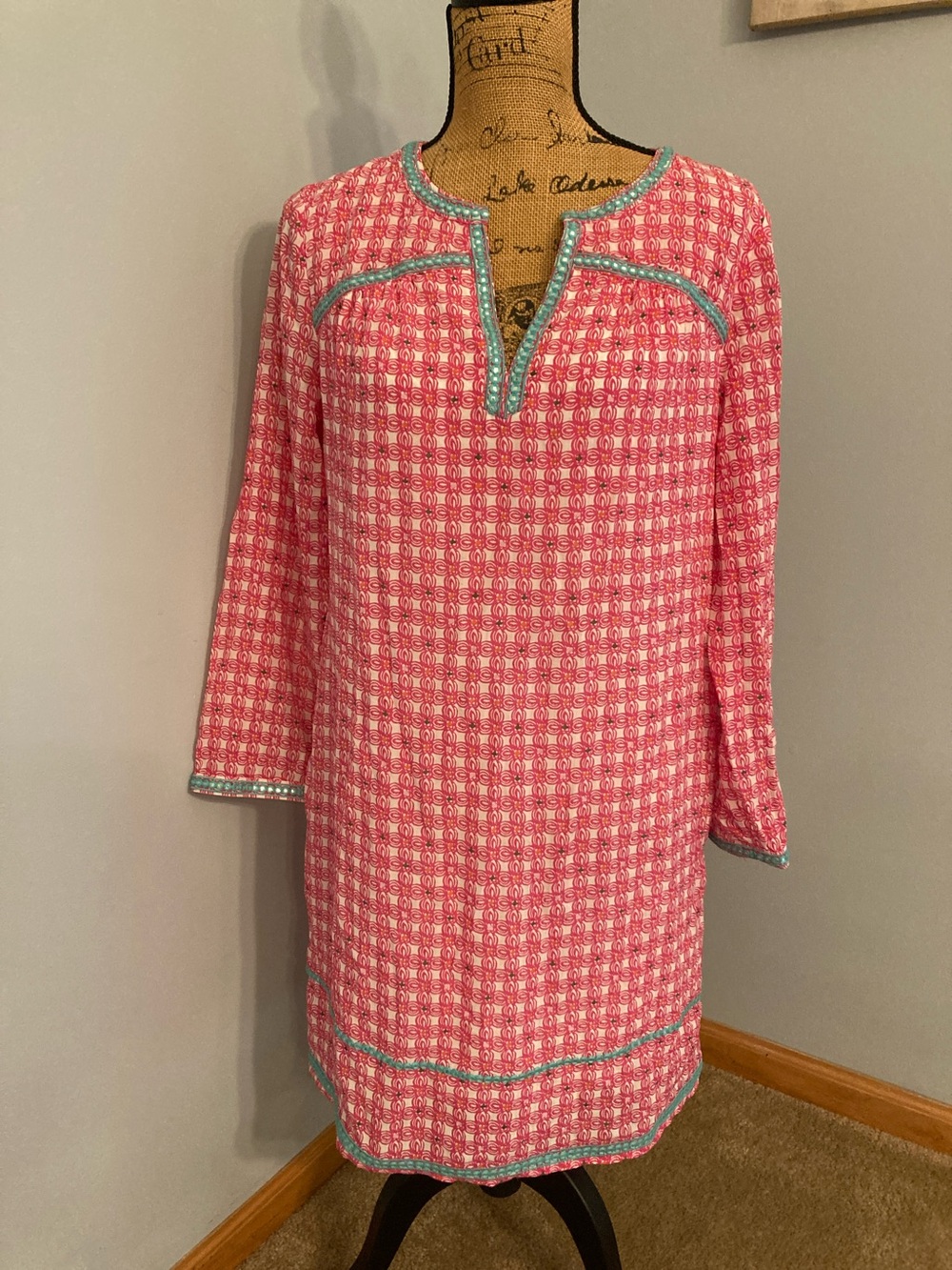 Vineyard Vines Pink & Teal Trim Midi Tunic Dress Women Size 10 --100% Silk